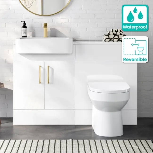 100% Waterproof - Harper Gloss White PVC Vanity Basin and Miami Toilet 1200mm - Brass Accents