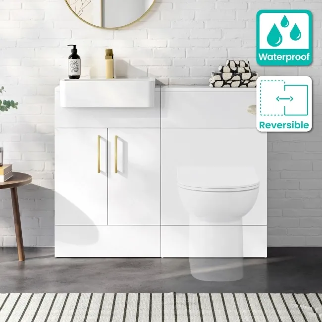100% Waterproof - Harper Gloss White Basin Vanity and Toilet Unit 1000mm (No Toilet) Brass Accents