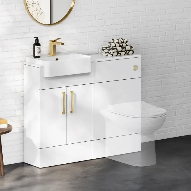 100% Waterproof - Harper Gloss White Basin Vanity and Toilet Unit 1000mm (No Toilet) Brass Accents