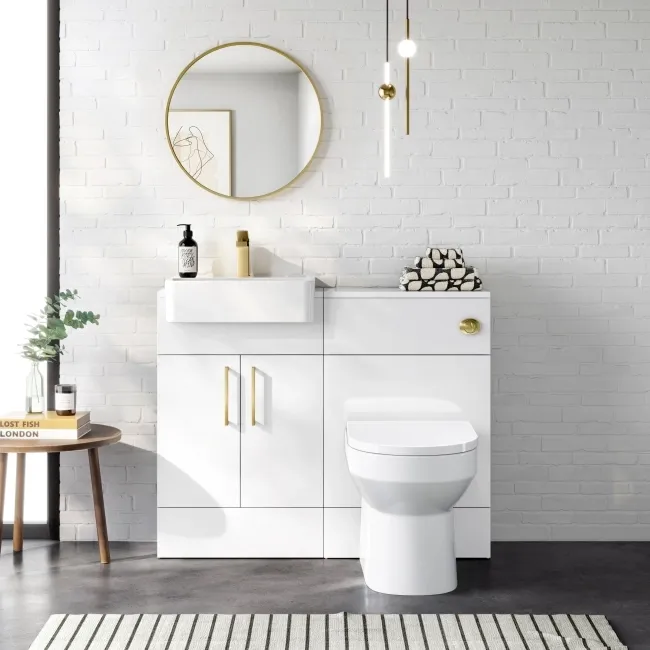 100% Waterproof - Harper Gloss White PVC Combination Vanity Basin & Miami Toilet 1000mm - Brushed Brass Accents