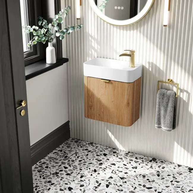 Cayman Natural Oak Cloakroom Wall Hung Slimline Basin Vanity 440mm - Brushed Brass Accents