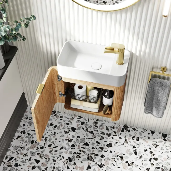 Cayman Natural Oak Cloakroom Wall Hung Slimline Basin Vanity 440mm - Brushed Brass Accents