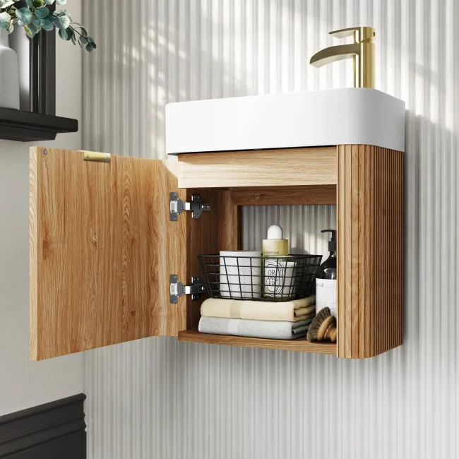 Cayman Natural Oak Cloakroom Wall Hung Slimline Basin Vanity 440mm - Brushed Brass Accents