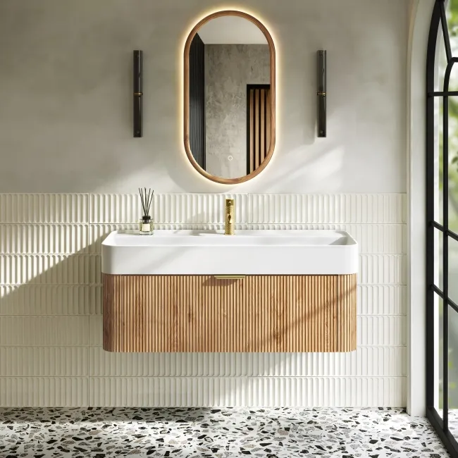 Cayman Natural Oak Wall Hung Slimline Basin Drawer Vanity 1000mm - Brushed Brass Accents