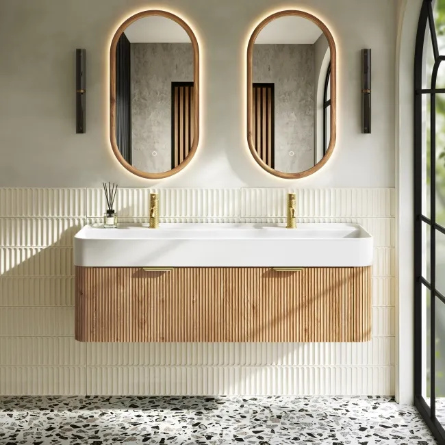 Cayman Natural Oak Wall Hung Slimline Basin Drawer Vanity 1200mm - Brushed Brass Accents
