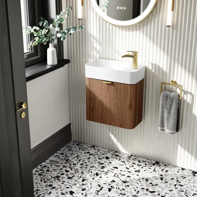 Cayman Natural Walnut Cloakroom Wall Hung Slimline Basin Vanity 440mm - Brushed Brass Accents