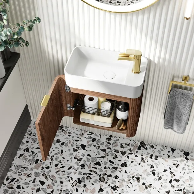 Cayman Natural Walnut Cloakroom Wall Hung Slimline Basin Vanity 440mm - Brushed Brass Accents