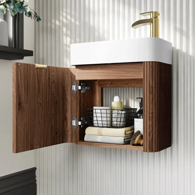 Cayman Natural Walnut Cloakroom Wall Hung Slimline Basin Vanity 440mm - Brushed Brass Accents