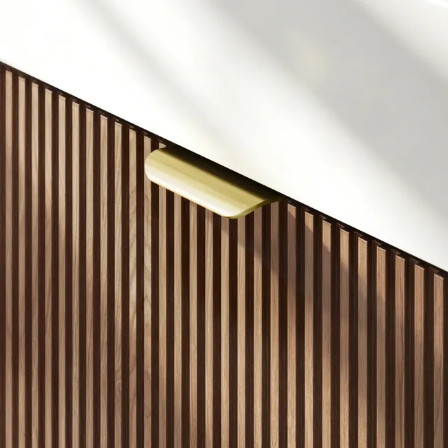 Cayman Natural Walnut Cloakroom Wall Hung Slimline Basin Vanity 440mm - Brushed Brass Accents