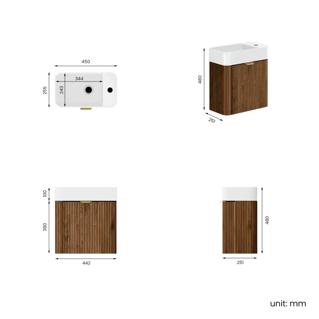 Cayman Natural Walnut Cloakroom Wall Hung Slimline Basin Vanity 440mm - Brushed Brass Accents