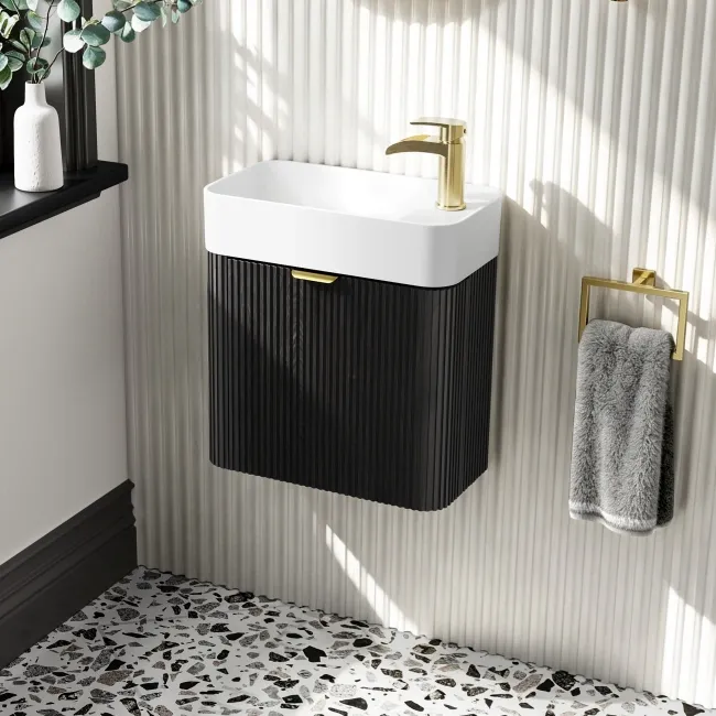 Cayman Black Oak Cloakroom Wall Hung Slimline Basin Vanity 440mm - Brushed Brass Accents