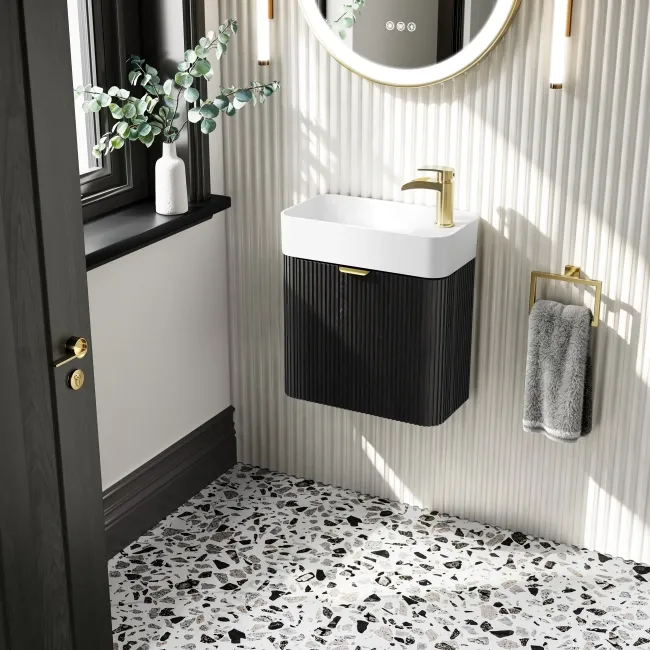 Cayman Black Oak Cloakroom Wall Hung Slimline Basin Vanity 440mm - Brushed Brass Accents
