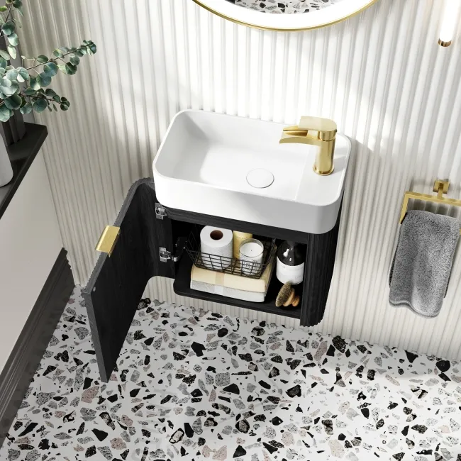 Cayman Black Oak Cloakroom Wall Hung Slimline Basin Vanity 440mm - Brushed Brass Accents