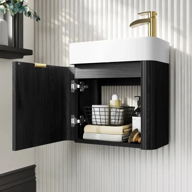 Cayman Black Oak Cloakroom Wall Hung Slimline Basin Vanity 440mm - Brushed Brass Accents