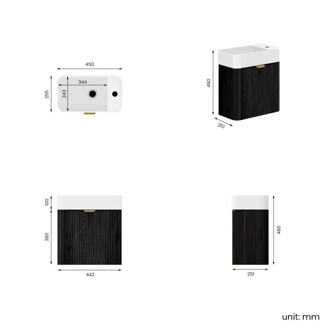 Cayman Black Oak Cloakroom Wall Hung Slimline Basin Vanity 440mm - Brushed Brass Accents