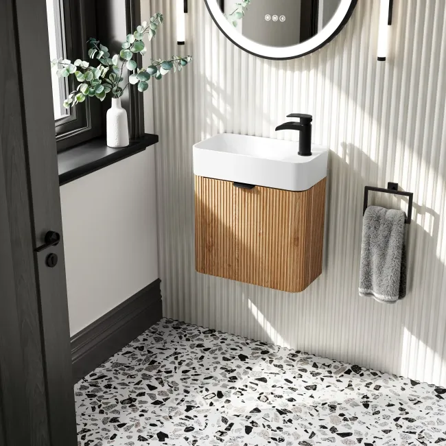 Cayman Natural Oak Cloakroom Wall Hung Slimline Basin Vanity 440mm - Black Accents