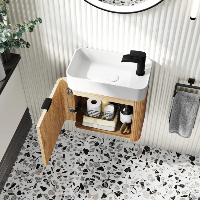 Cayman Natural Oak Cloakroom Wall Hung Slimline Basin Vanity 440mm - Black Accents