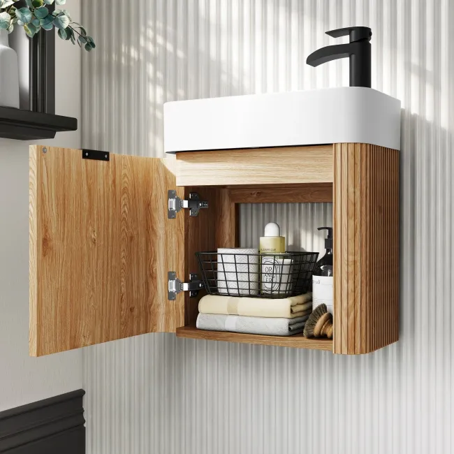 Cayman Natural Oak Cloakroom Wall Hung Slimline Basin Vanity 440mm - Black Accents