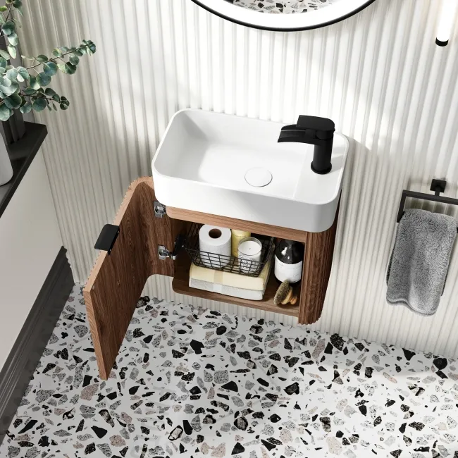 Cayman Natural Walnut Cloakroom Wall Hung Slimline Basin Vanity 440mm - Black Accents