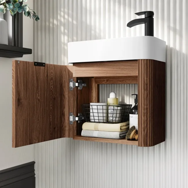Cayman Natural Walnut Cloakroom Wall Hung Slimline Basin Vanity 440mm - Black Accents