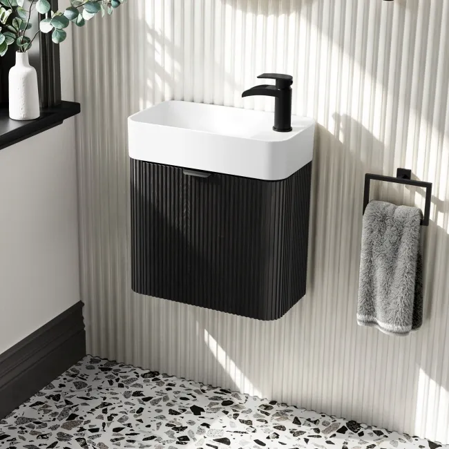 Cayman Black Oak Cloakroom Wall Hung Slimline Basin Vanity 440mm - Black Accents