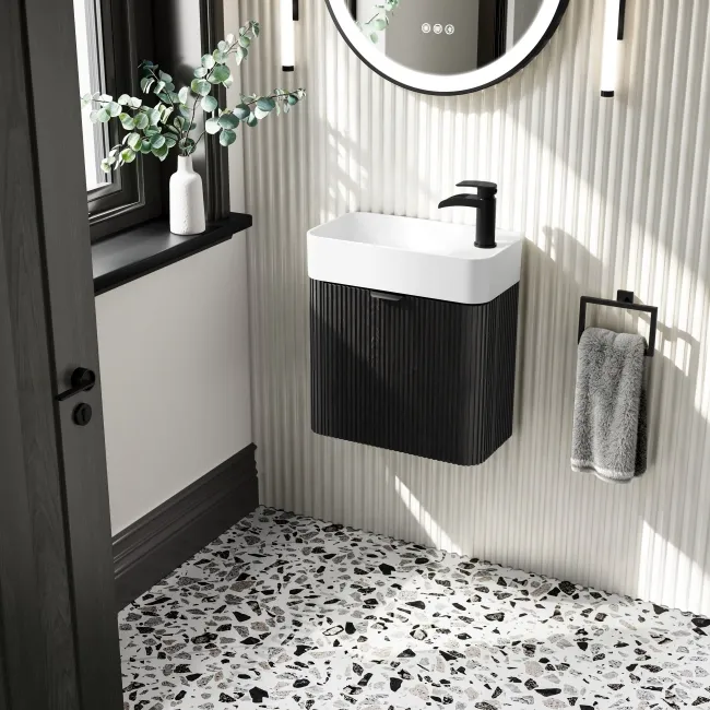 Cayman Black Oak Cloakroom Wall Hung Slimline Basin Vanity 440mm - Black Accents