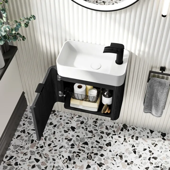 Cayman Black Oak Cloakroom Wall Hung Slimline Basin Vanity 440mm - Black Accents