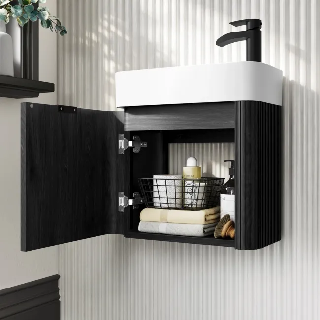 Cayman Black Oak Cloakroom Wall Hung Slimline Basin Vanity 440mm - Black Accents