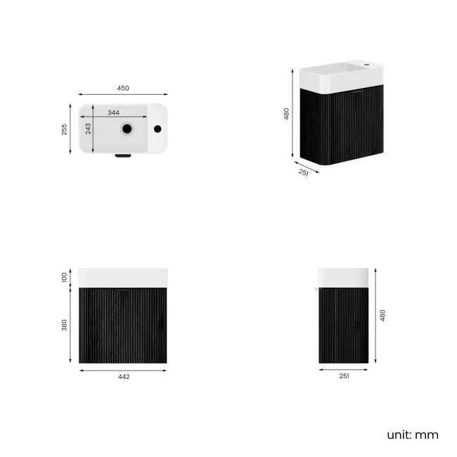 Cayman Black Oak Cloakroom Wall Hung Slimline Basin Vanity 440mm - Black Accents