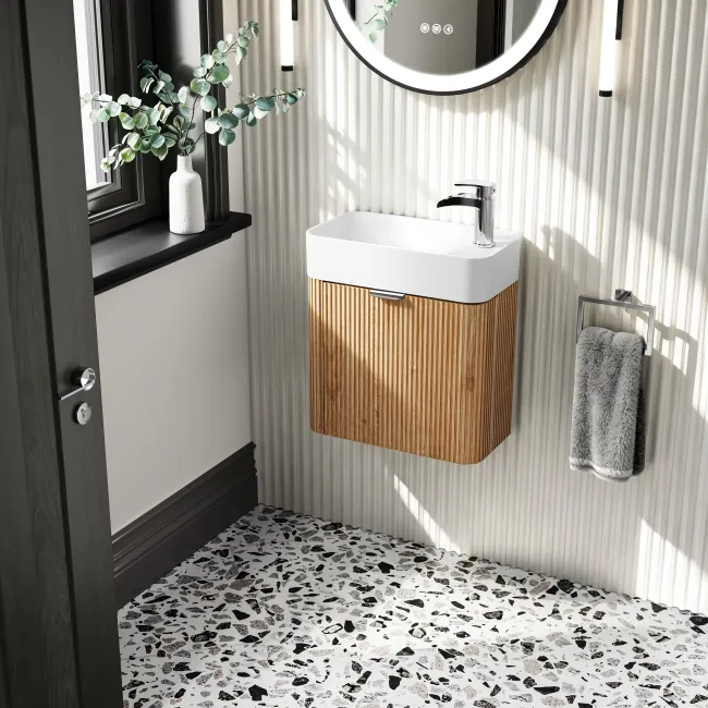 Cayman Natural Oak Cloakroom Wall Hung Slimline Basin Vanity 440mm - Chrome Handle