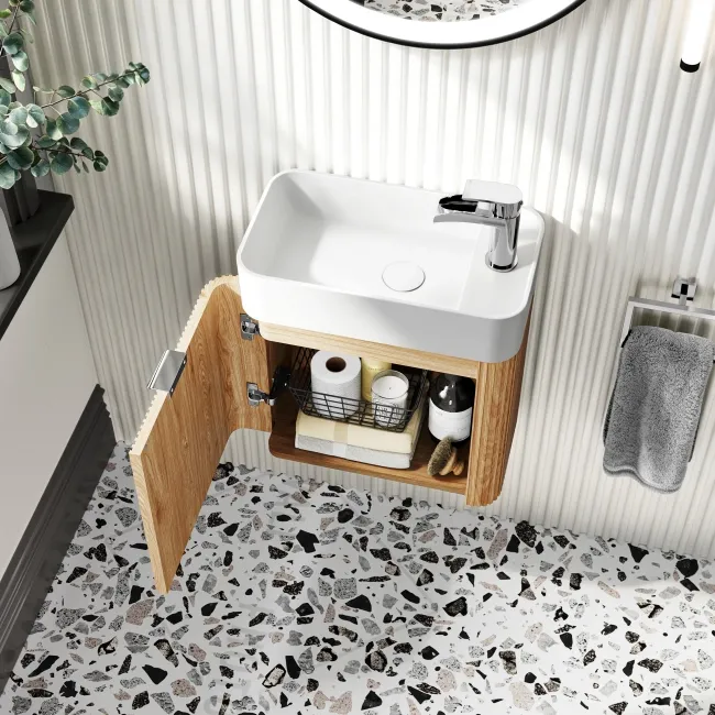 Cayman Natural Oak Cloakroom Wall Hung Slimline Basin Vanity 440mm - Chrome Handle