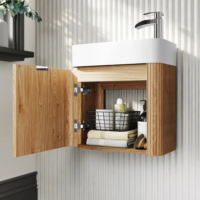 Cayman Natural Oak Cloakroom Wall Hung Slimline Basin Vanity 440mm - Chrome Handle