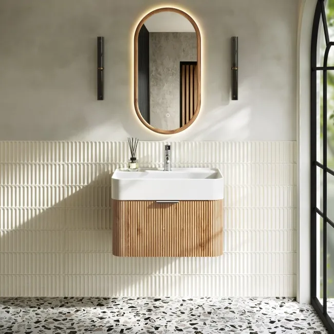 Cayman Natural Oak Wall Hung Slimline Basin Drawer Vanity 600mm - Chrome Handle
