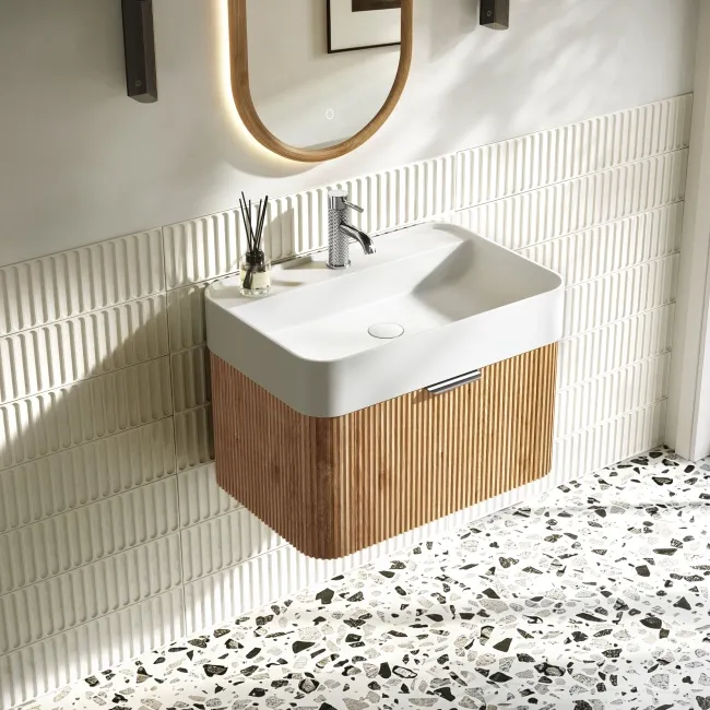 Cayman Natural Oak Wall Hung Slimline Basin Drawer Vanity 600mm - Chrome Handle