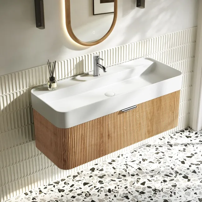 Cayman Natural Oak Wall Hung Slimline Basin Drawer Vanity 1000mm - Chrome Handle