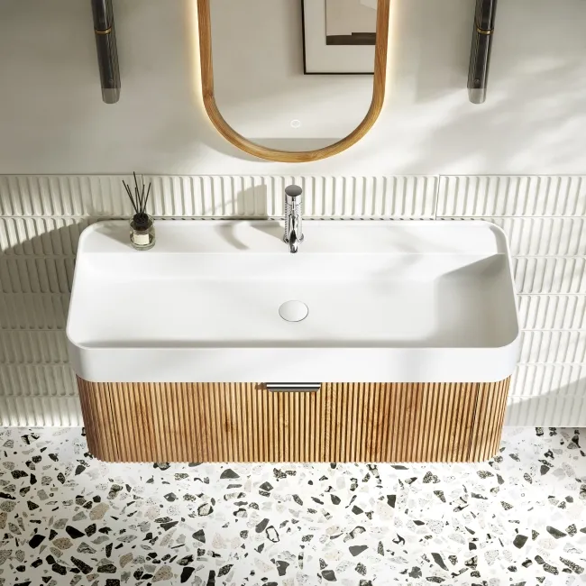 Cayman Natural Oak Wall Hung Slimline Basin Drawer Vanity 1000mm - Chrome Handle