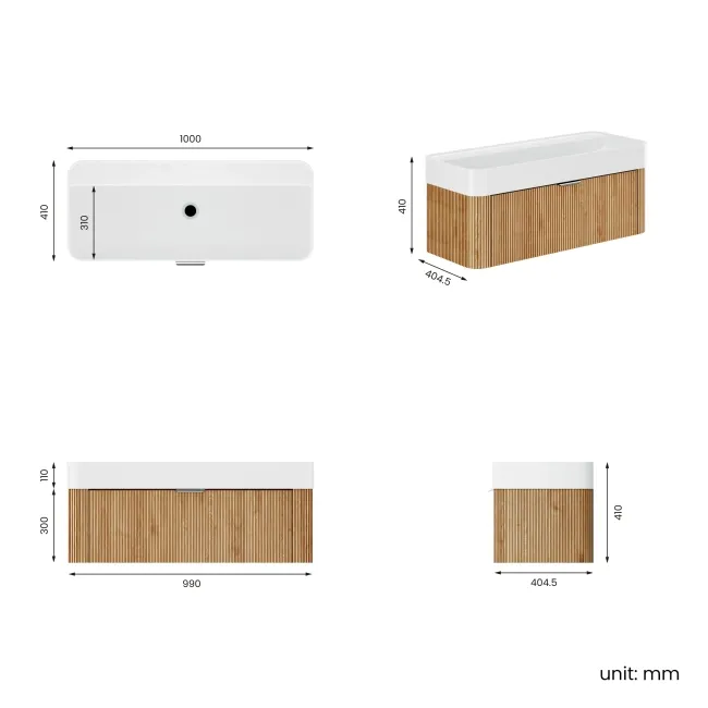 Cayman Natural Oak Wall Hung Slimline Basin Drawer Vanity 1000mm - Chrome Handle