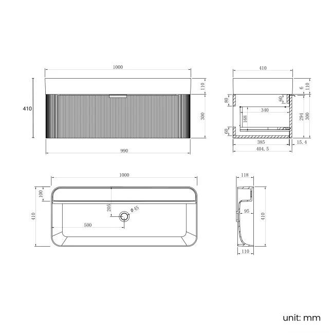 Cayman Natural Oak Wall Hung Slimline Basin Drawer Vanity 1000mm - Chrome Handle
