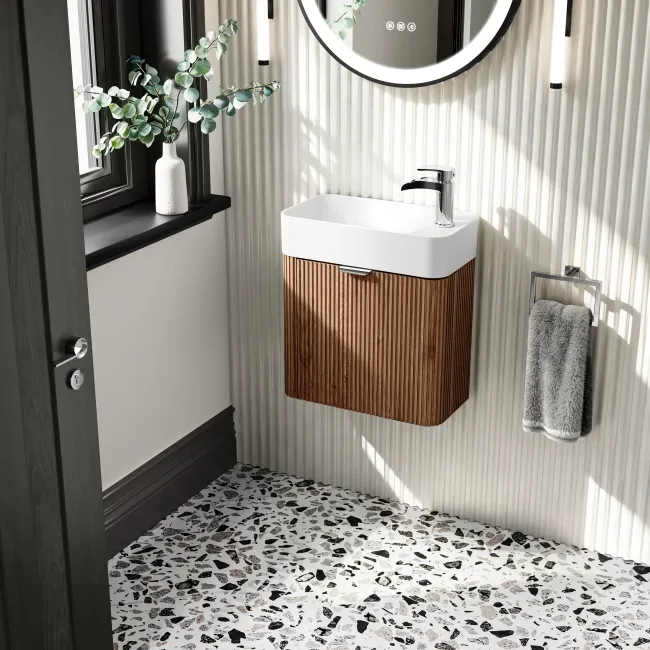 Cayman Natural Walnut Cloakroom Wall Hung Slimline Basin Vanity 440mm - Chrome Handle