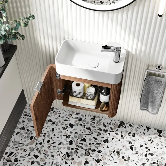 Cayman Natural Walnut Cloakroom Wall Hung Slimline Basin Vanity 440mm - Chrome Handle