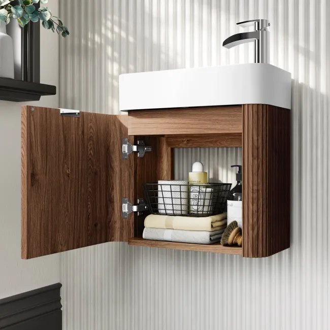 Cayman Natural Walnut Cloakroom Wall Hung Slimline Basin Vanity 440mm - Chrome Handle