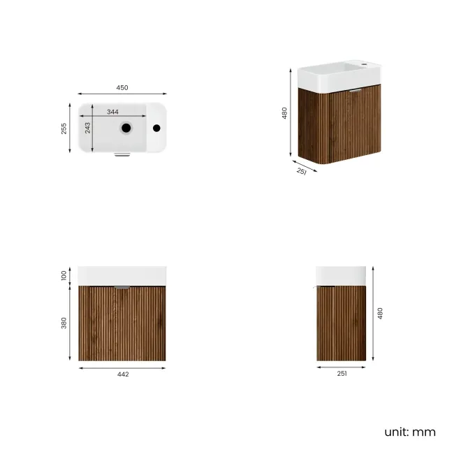 Cayman Natural Walnut Cloakroom Wall Hung Slimline Basin Vanity 440mm - Chrome Handle