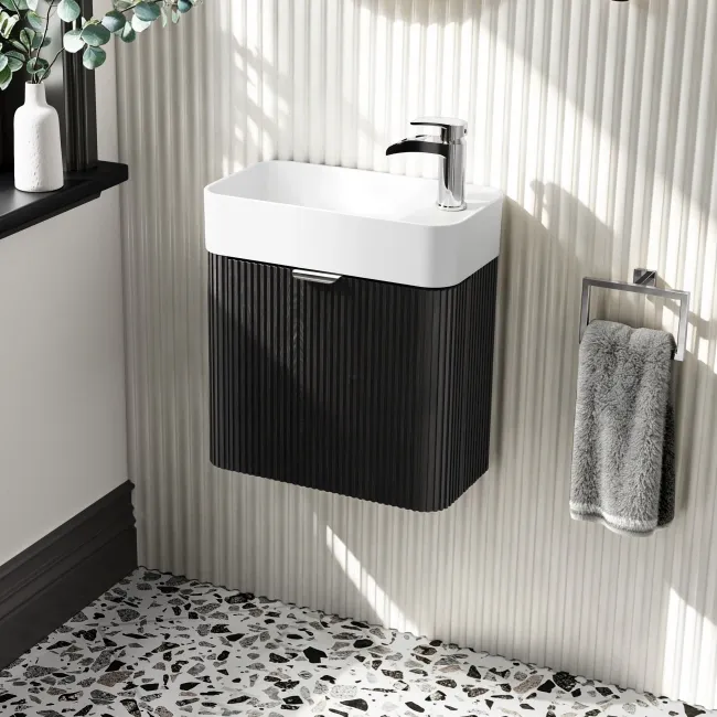 Cayman Black Oak Cloakroom Wall Hung Slimline Basin Vanity 440mm - Chrome Handle