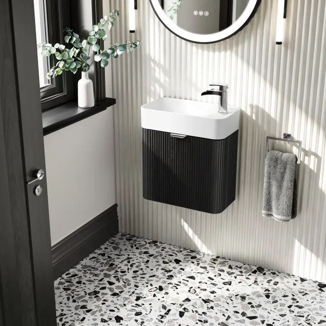 Cayman Black Oak Cloakroom Wall Hung Slimline Basin Vanity 440mm - Chrome Handle
