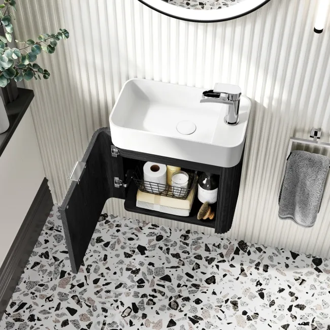 Cayman Black Oak Cloakroom Wall Hung Slimline Basin Vanity 440mm - Chrome Handle