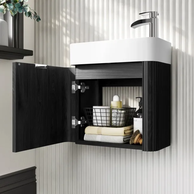 Cayman Black Oak Cloakroom Wall Hung Slimline Basin Vanity 440mm - Chrome Handle