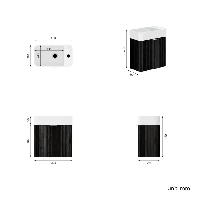 Cayman Black Oak Cloakroom Wall Hung Slimline Basin Vanity 440mm - Chrome Handle