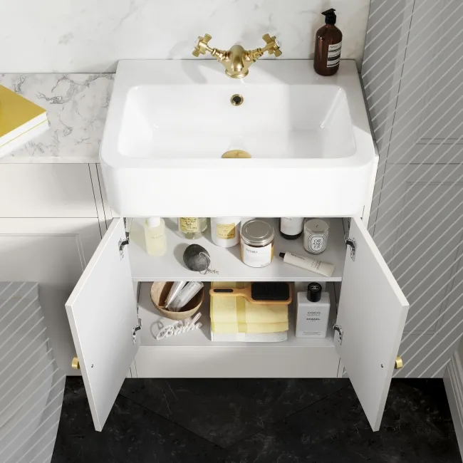 Monaco Cotton White Vanity Basin with Marble Top 1200mm (No Pan & Cistern) - Brushed Brass Accents