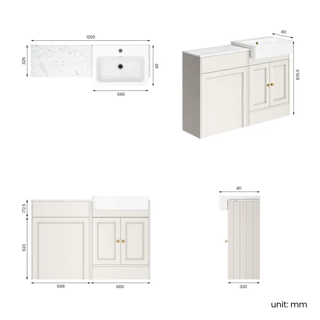 Monaco Cotton White Vanity Basin with Marble Top 1200mm (No Pan & Cistern) - Brushed Brass Accents