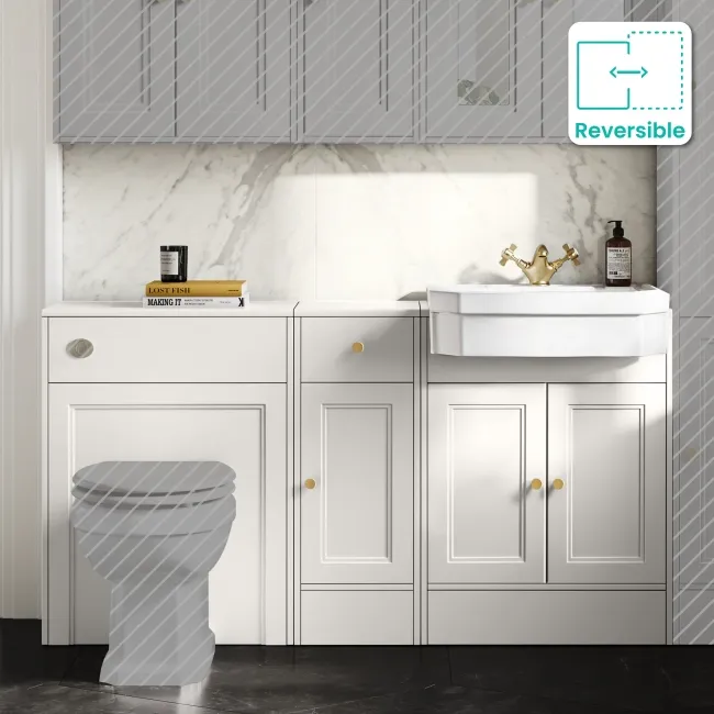 Monaco Cotton White Vanity Traditional Basin 1500mm (No Pan & Cistern) - Brushed Brass Accents
